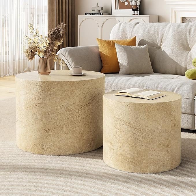 Nesting Coffee Table Set of 2, Beige Round Coffee Table with Non-Slip Feet, Modern Wooden Circle ... | Amazon (US)