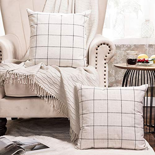 Basic Model Set of 2 Plaid Throw Pillow Covers Modern Farmhouse Decorative Square Linen Pillow Case for Sofa Couch Bed 16 x 16 Inch, Beige | Amazon (US)