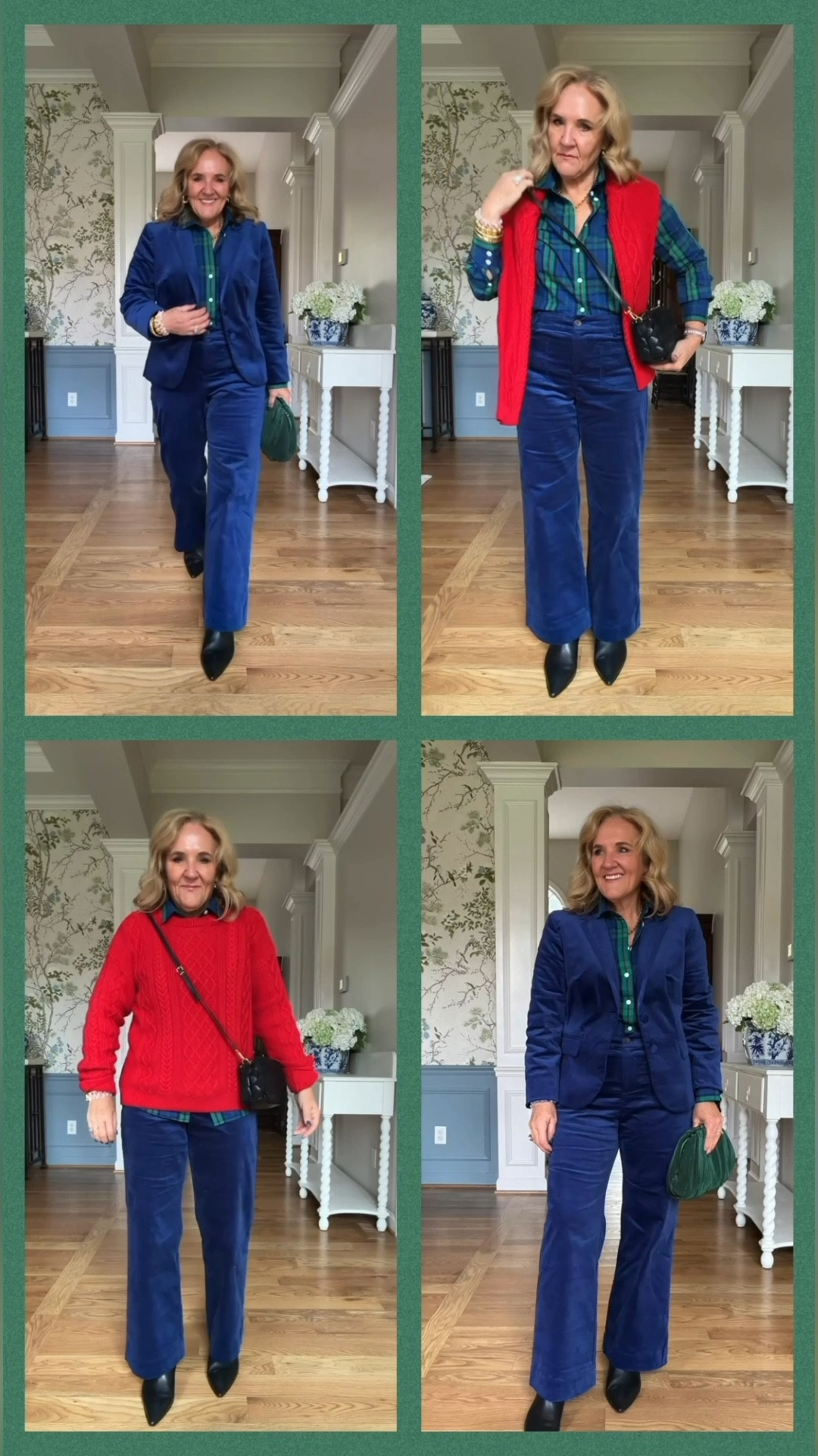 Velvet suit. 
Velvet blazer size 10 reg 
Pants 29 petite 
Plaid blouse medium 
Boots size up 1/2 
Red sweater I liked it oversized in a large 

Holiday party outfit 

#LTKPetite #LTKOver40 #LTKHoliday