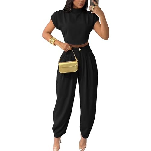 kaimimei 2 Piece Sets for Women Casual Mock Neck Cap Sleeve Crop Tops and Palazzo Pants Vacation ... | Amazon (US)