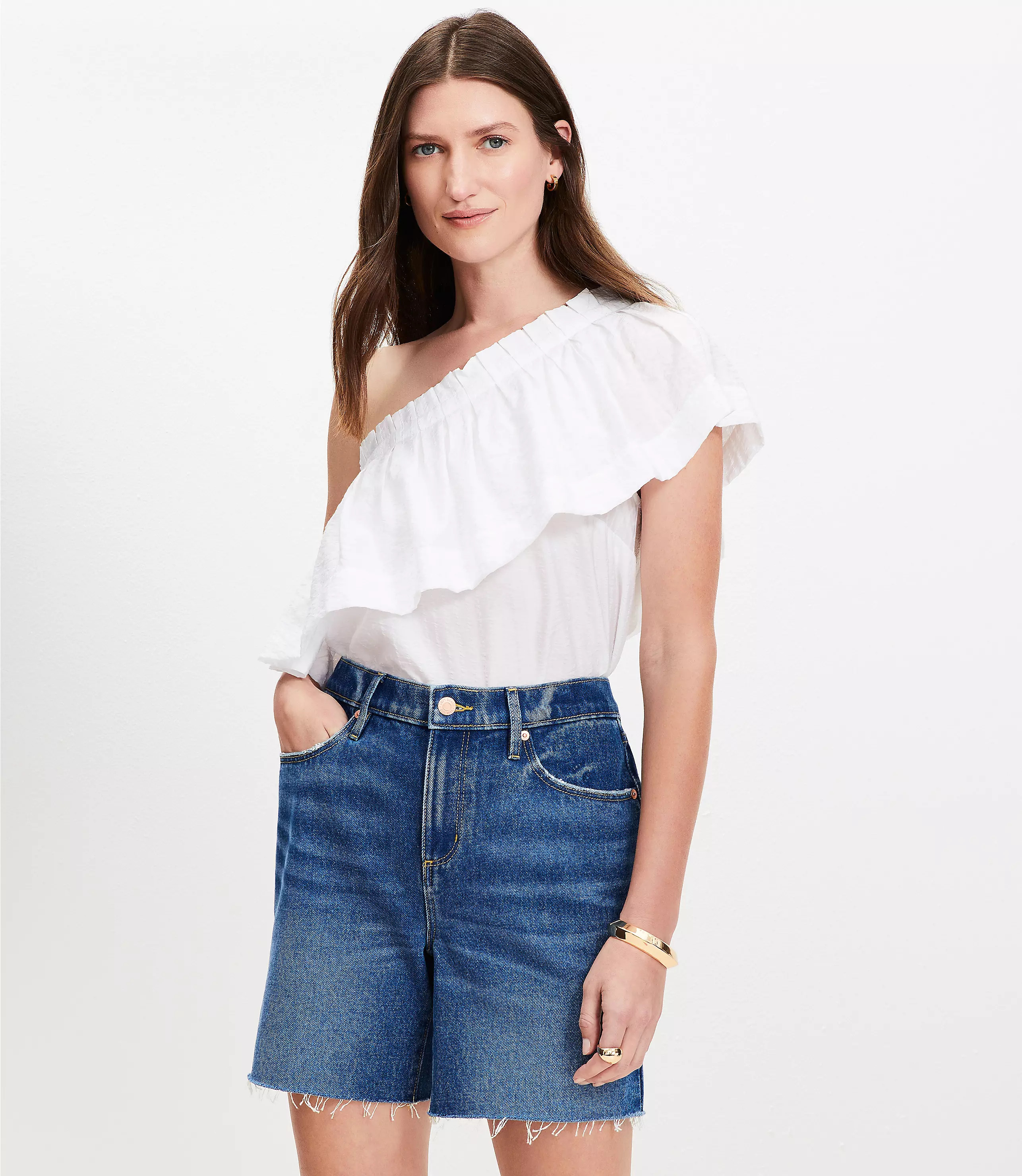 Petite Striped Ruffle One Shoulder Top | LOFT