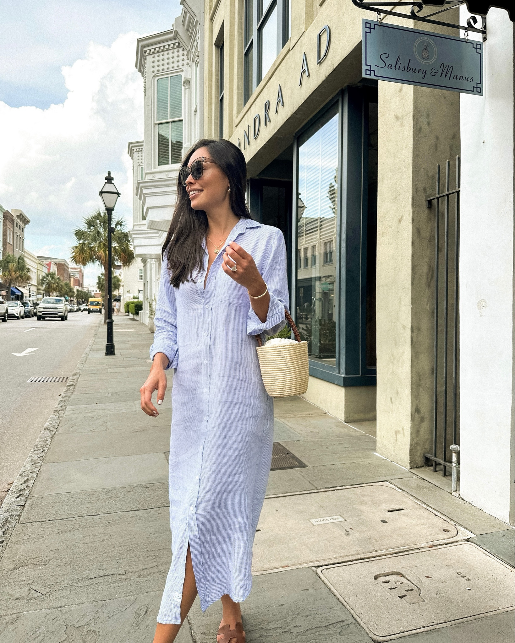 Kat Jamieson wears a linen stripe shirtdress in Charleston. 

#LTKworkwear #LTKSeasonal #LTKitbag