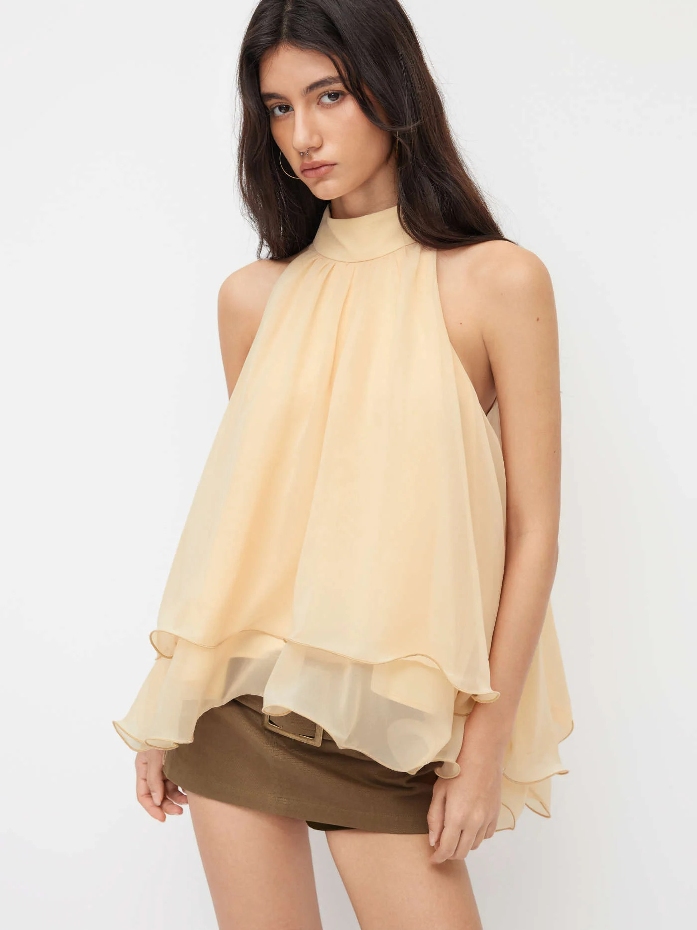 HALTER NECKLINE KNOTTED LAYERED RUFFLE HEM BLOUSE | Cider