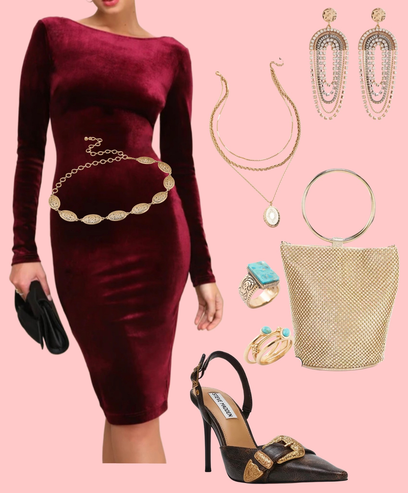 Velvet midi dress with gold accessories! Western style heels and Concho belt for a country touch 

#LTKHoliday #LTKShoeCrush #LTKStyleTip