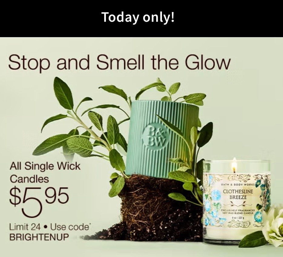 Bath & Body Works has their Single Wick Candles on sale for only $5.95 today! This includes all new options, including Mother’s Day specific options. Use code BRIGHTENUP for the deal 🕯️

#LTKMothersDay #LTKHome #LTKSaleAlert