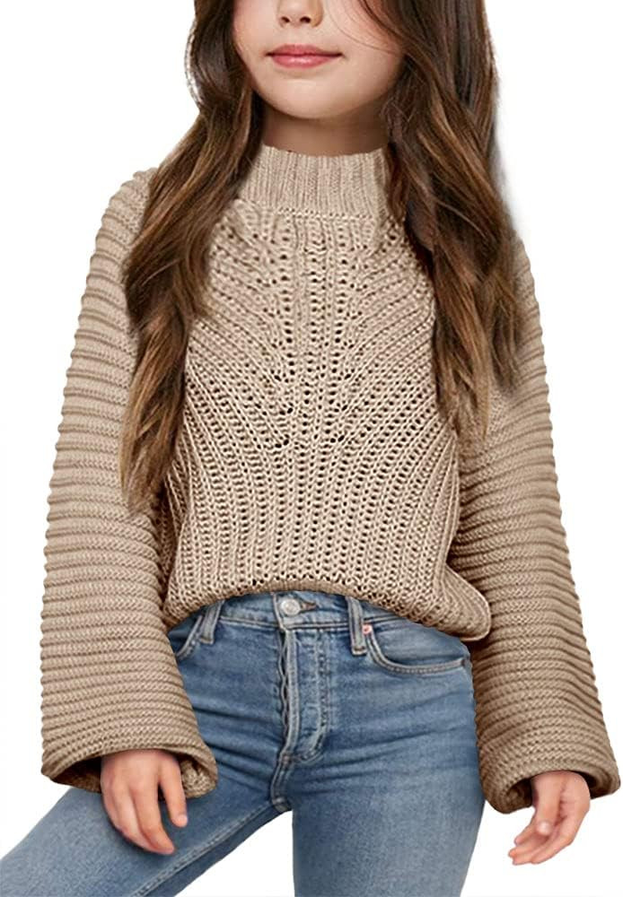 Imily Bela Girls Sweaters Kids Casual Bell Sleeve Knit Pullover Jumper Tops | Amazon (US)