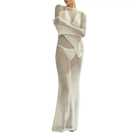 Thaisu Women s Summer Long Knit Beachwear Solid Color Long Sleeve O Neck Hollow Cover Up | Walmart (US)