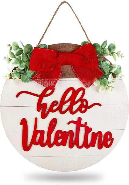 Whaline Valentine's Day Wooden Hanging Sign Hello Valentine Door Decorations Wreath Sign with Bow... | Amazon (US)