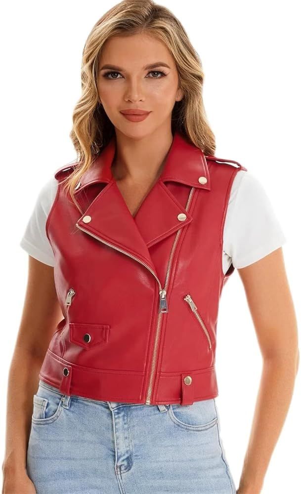 Faux Leather Vest For Women Zipper Cropped Sleeveless Biker Moto Slim PU Motorcycle Waistcoat | Amazon (US)