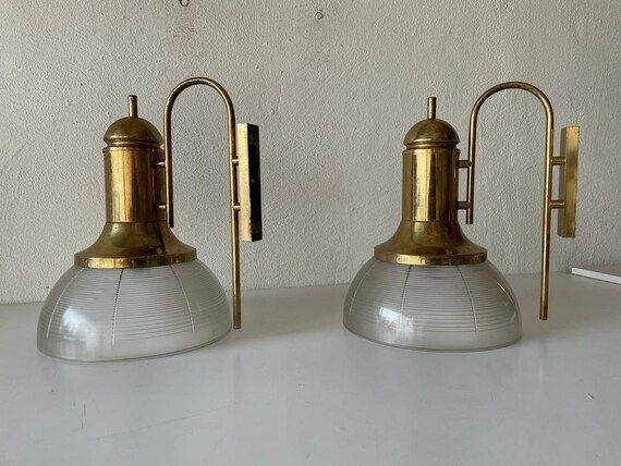 Italian Industrial Type Glass & Brass Large Pair of Sconces - Etsy | Etsy (US)