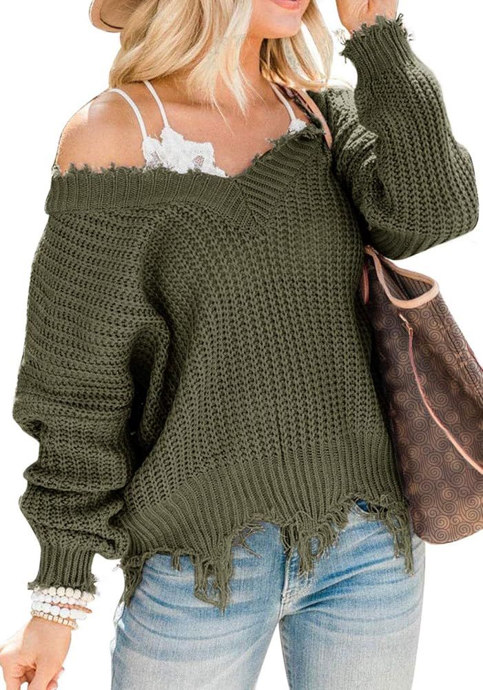 LEANI Women's Loose Knitted Sweater Long Sleeve V-Neck Ripped Pullover Sweaters Crop Top Knit Jumper | Amazon (US)