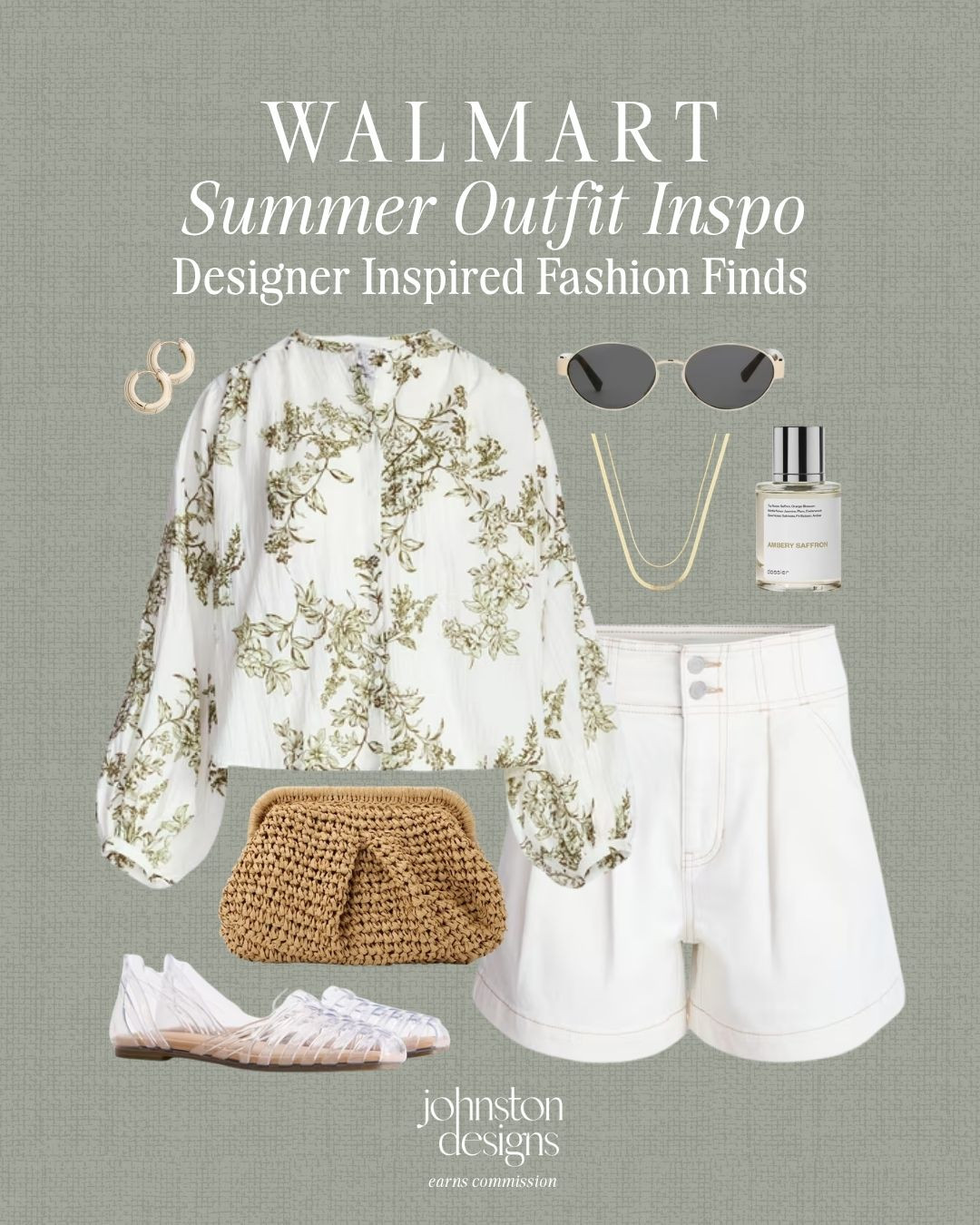 Walmart summer outfit inspo with designer-inspired pieces, crisp white shorts and neutral woven accessories. 🤍

Walmart summer outfit, designer inspired finds, floral blouse outfit, white shorts outfit, raffia clutch bag, clear jelly flats, oval sunglasses, gold hoop earrings, layered necklace, affordable Walmart fashion, chic summer style, neutral accessories, warm weather outfit, elevated casual look, vacation outfit idea 

 #LTKootd #LTKSeasonal