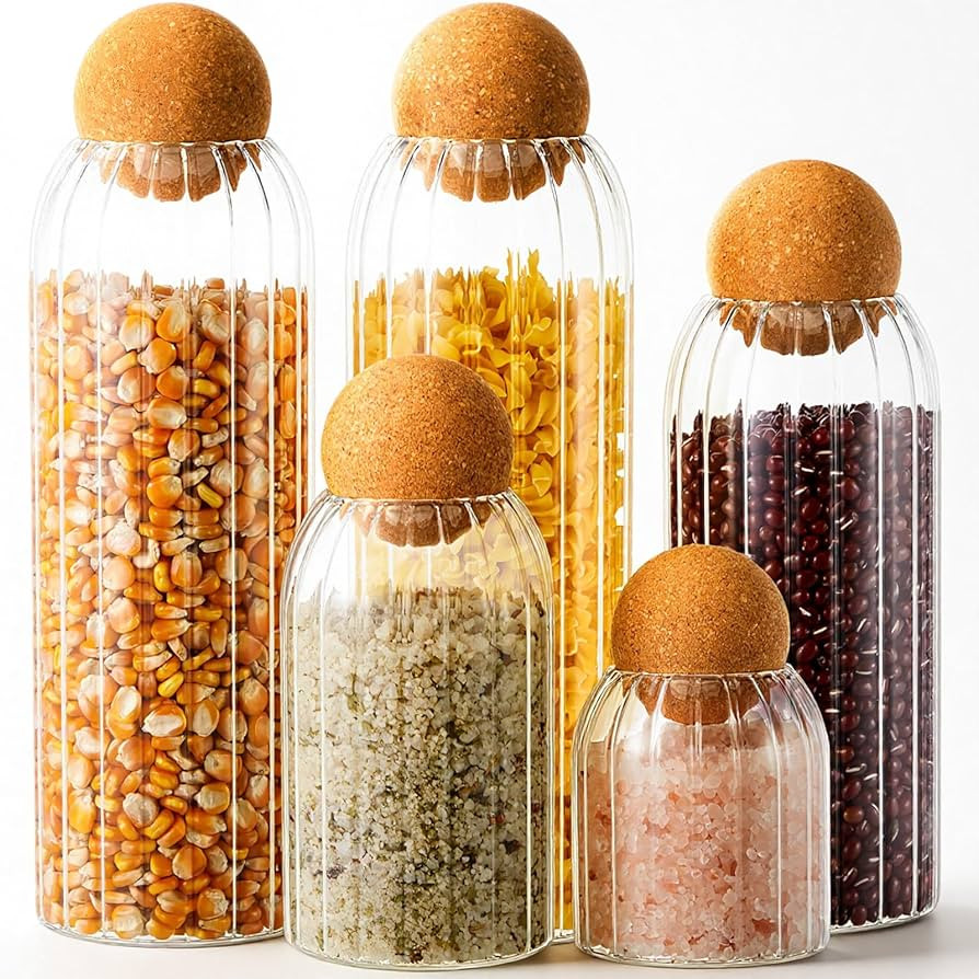 Suclain 5 Pack Glass Jar Set with Spherical Cork Ball 4 Sizes Food Storage Tank Candy Jars Coffee... | Amazon (US)