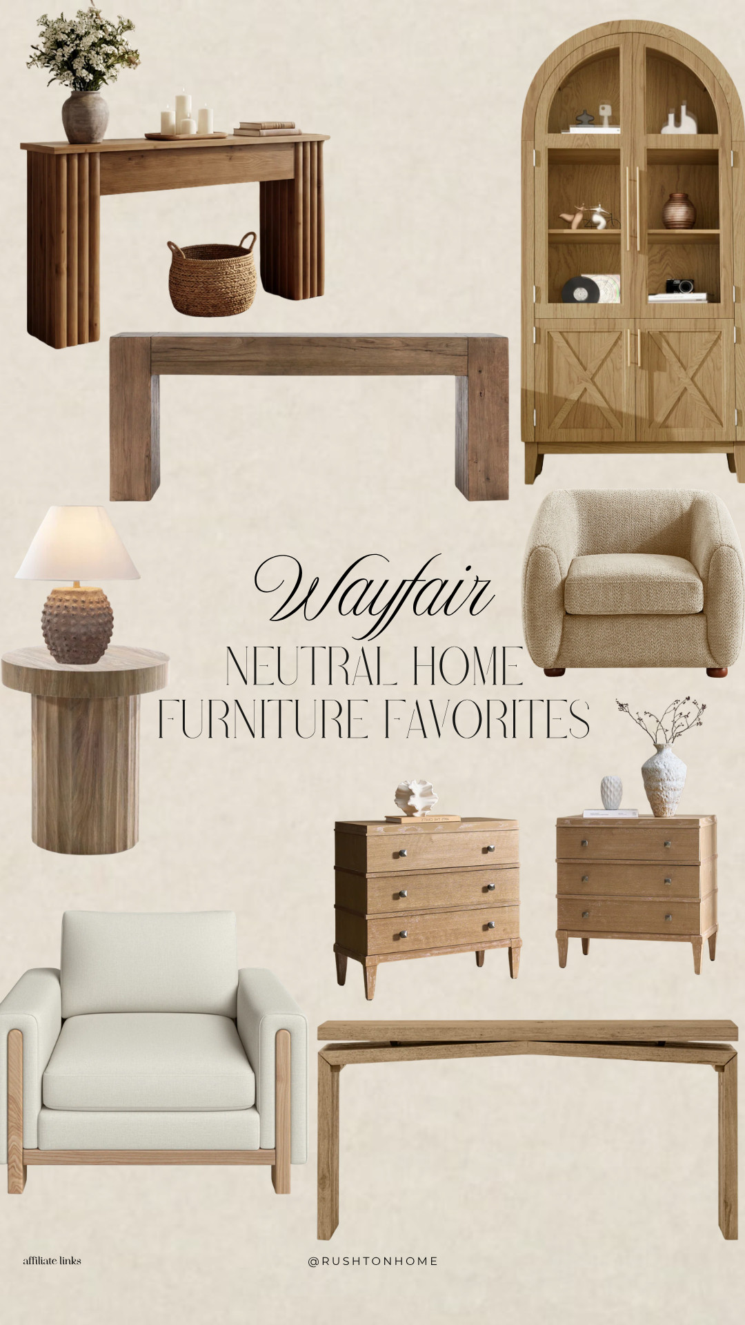 Wayfair furniture finds, neutral furniture favorites, wood console table, arched cabinet furniture, boucle accent chair, wood side table, dresser wood furniture, neutral bedroom furniture, bench entryway wood, modern organic furniture, living room accent chair, warm wood furniture, wayfair home decor, timeless furniture finds, affordable designer look furniture 

 #LTKHome