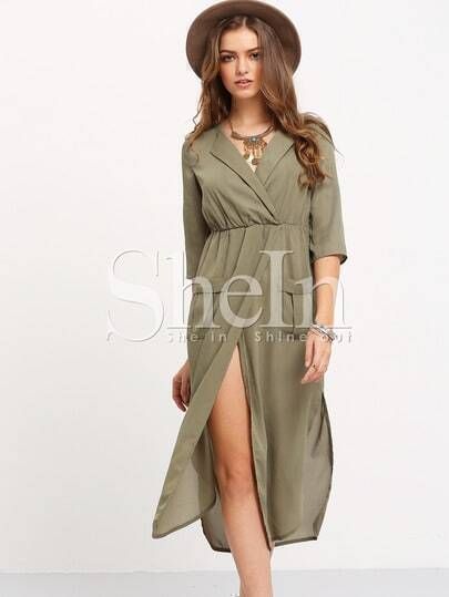 Army Green Chemise Surplice Pockets Split Petites Dress | SHEIN