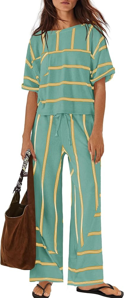 Nirovien Womens Striped Lounge Set 2 Piece Vacation Sets Short Sleeve Tops and Wide Leg Pants Tra... | Amazon (US)