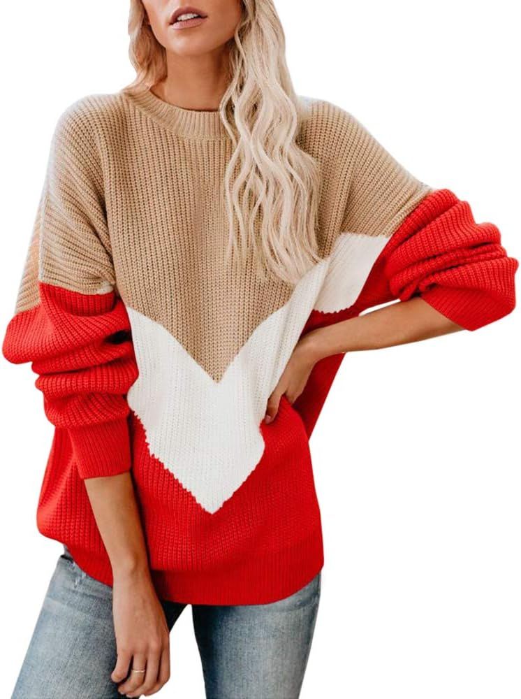 Womens Oversized Batwing Sleeve Sweaters Chevron Color Block Slouchy Loose Knit Pullover Jumper | Amazon (US)