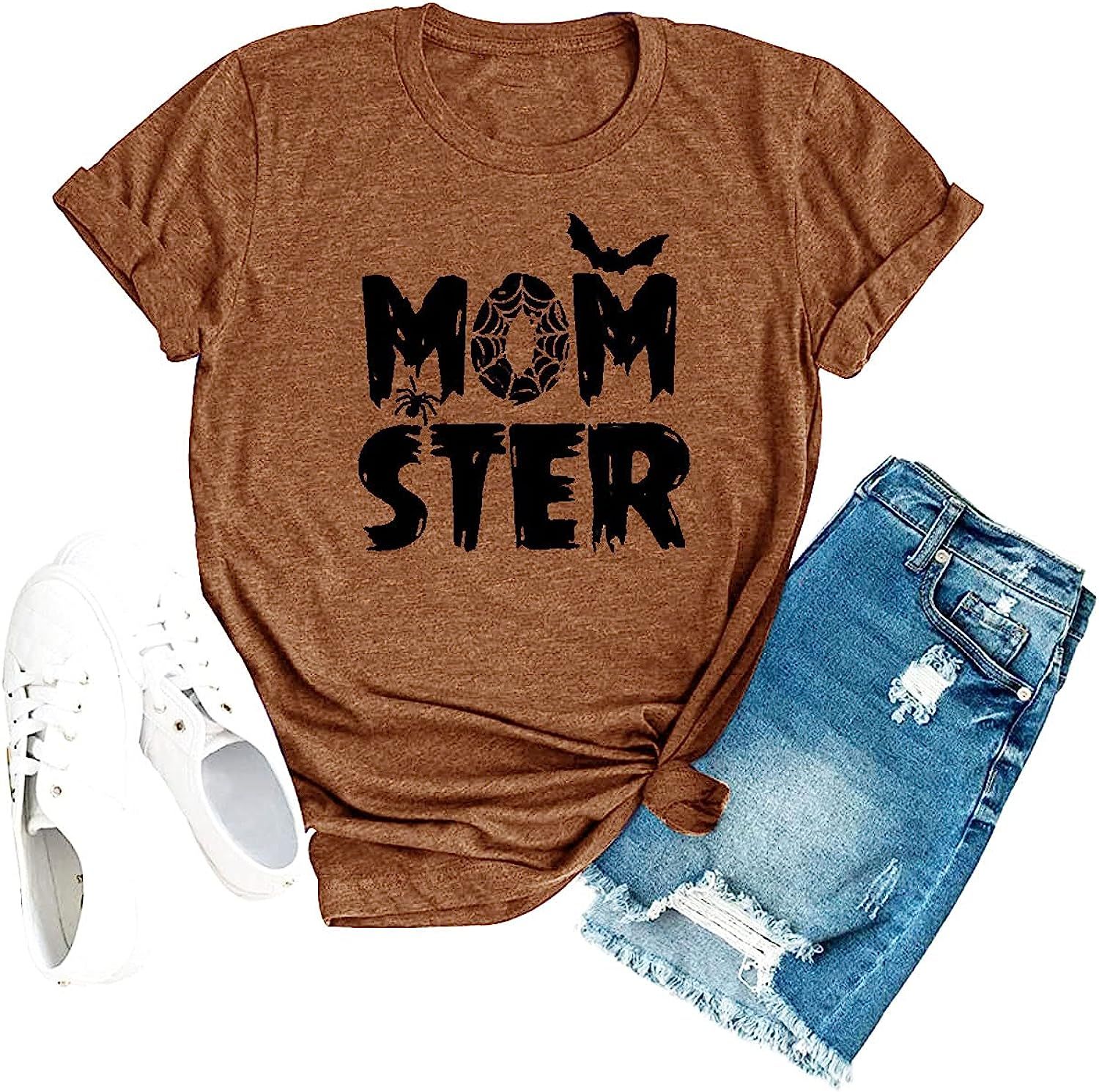 Momster T Shirt Women Funny Halloween Spider Bat Graphic Tee Casual Mom Ster Letter Print Hocus Pocu | Amazon (US)