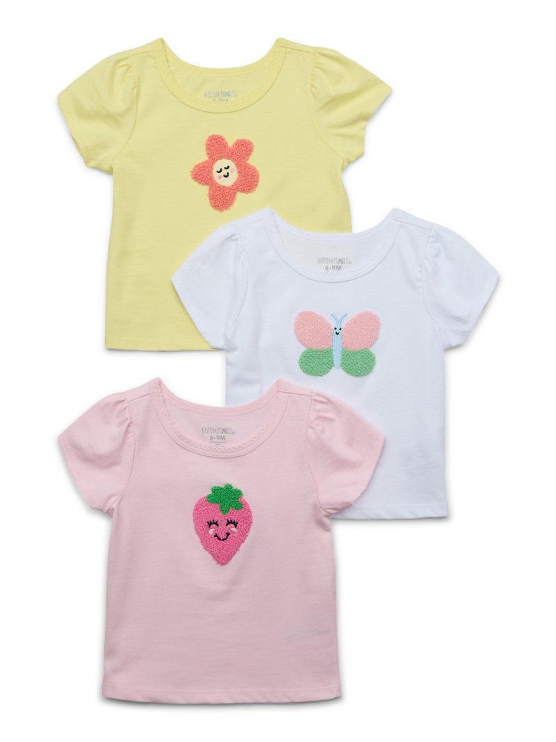 Garanimals Baby Girls Embroidered Tees with Short-Sleeves, 3-Pack, Sizes 0-24M - Walmart.com | Walmart (US)