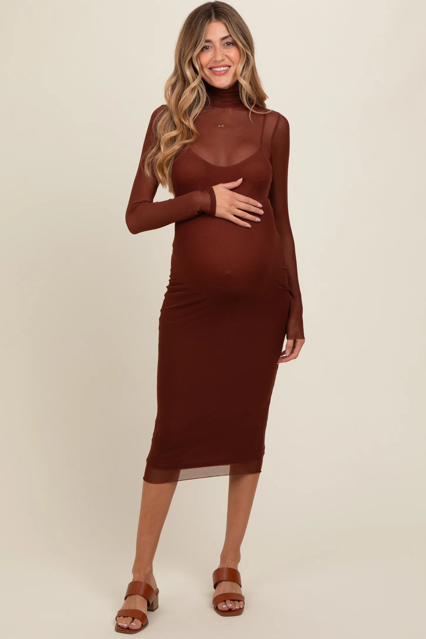 Brown Mesh Overlay Fitted Maternity Midi Dress | PinkBlush Maternity