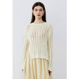 Side Slit Pointelle Knit Sweater in Cream | Chicwish