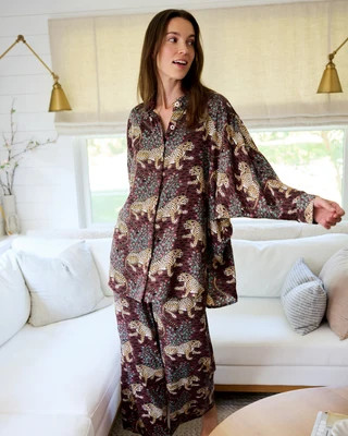 Eco Silky Dolman Sleeve Top and Wide Leg Pants Pajama Set in Leopard Bagheera | Women's Plus Size 5X | Purple | | Printfresh