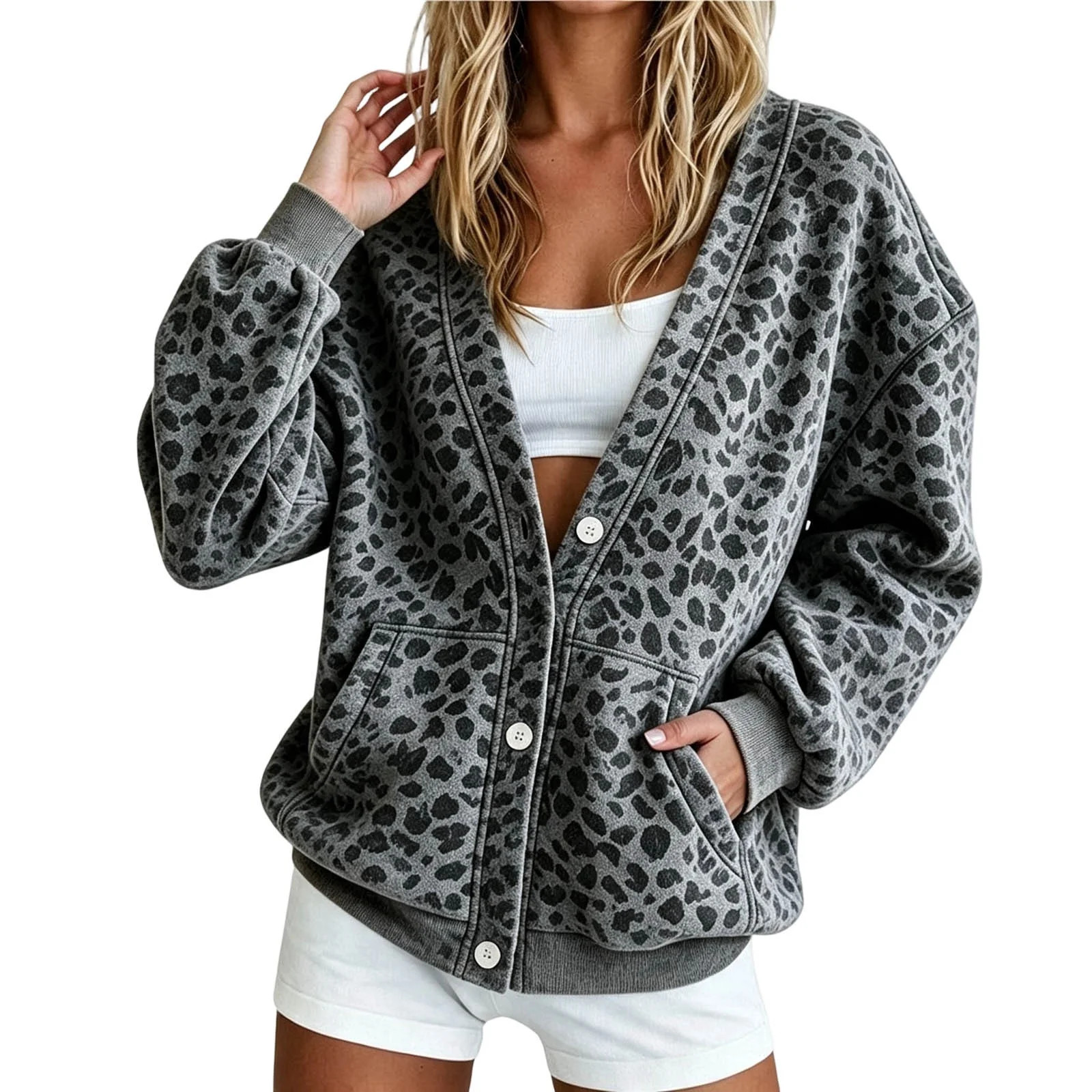 GEWSEY Womens Leopard Cardigan Cropped Button Up Sweater | Loose Fit Long Sleeve, Open Front Cheetah Print, Comfy Crew Neck Fall Winter Knit Cardigan Jackets (Grey, L) - Walmart.com | Walmart (US)