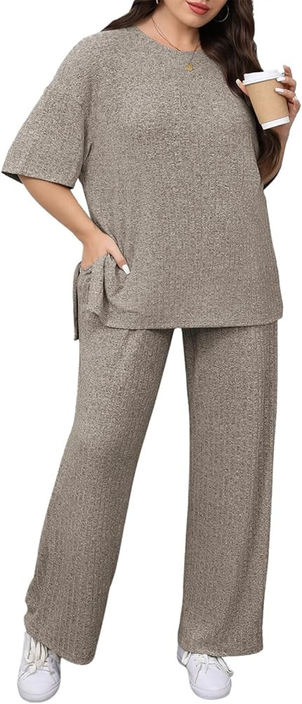 Beautife Womens Plus Size 2 Piece Lounge Sets Ribbed Short Sleeve Tops and Wide Leg Pants Set Tra... | Amazon (US)