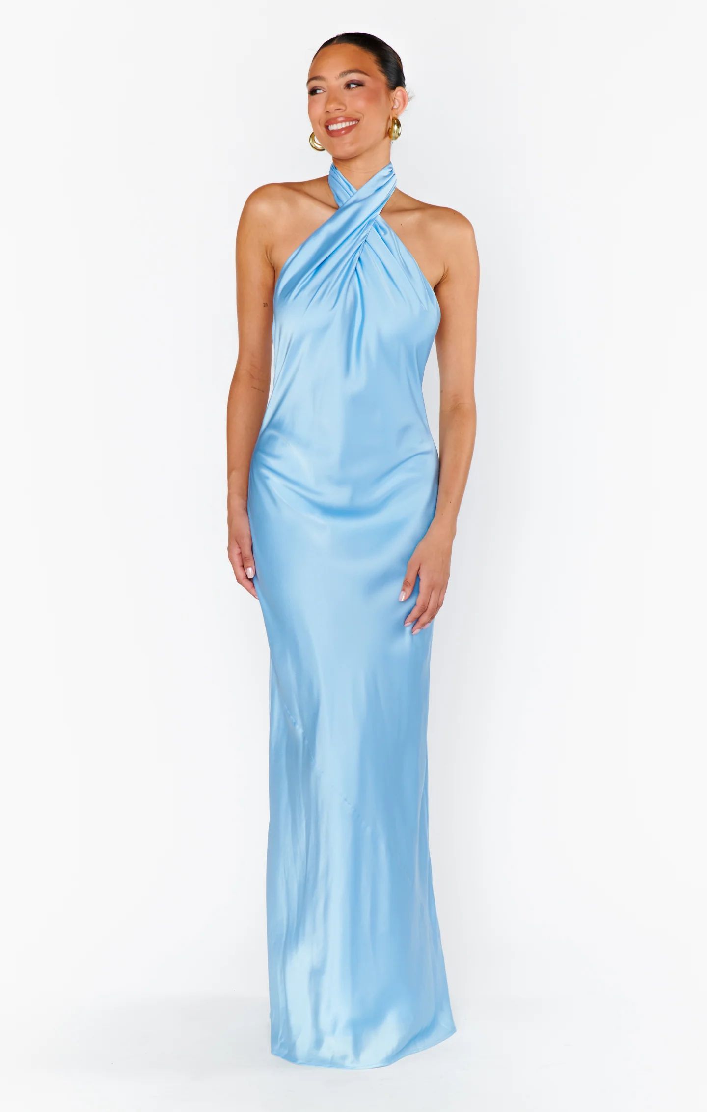 Jasmine Halter Maxi Dress ~ Baby Blue Luxe Satin | Show Me Your Mumu