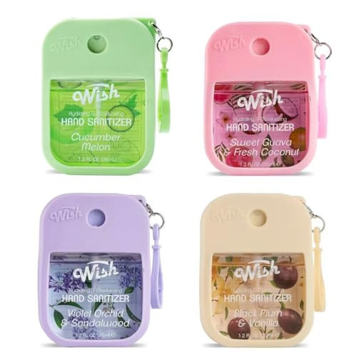 Wish Hand Sanitizer Spary Travel Size Spray 4-Piece 1.2 FL OZ (35ML) Each, Black Plum vanilla, Violet orchid sandalwood, Sweet Guava Fresh Coconut, Cucumber Melon, Hydrating and Moisturizing,(4 pack) | Amazon (US)