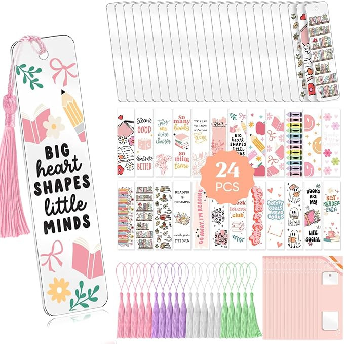 Kaciola 24PCS Acrylic Bookmark Blanks with 24PCS Booklover Theme UV DTF Stickers and 4 Colors Tas... | Amazon (US)