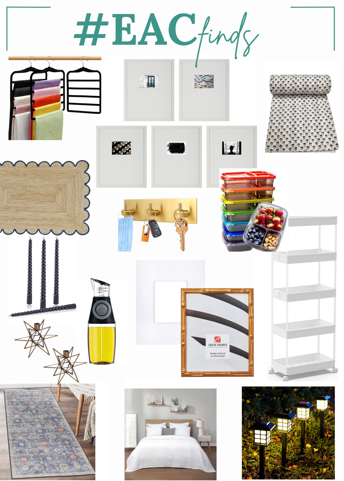 EAC Finds: Amazon Home 

Velvet hangers, gallery, wall, frames, quilt, jute, rug, bamboo frame, adhesive, key hook, solar lights, washable rug, bento box
