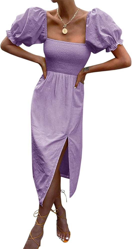 Women's Summer Casual Puff Sleeve Dress Square Neck Smocked Off Shoulder Boho Side Split Midi Dre... | Amazon (US)