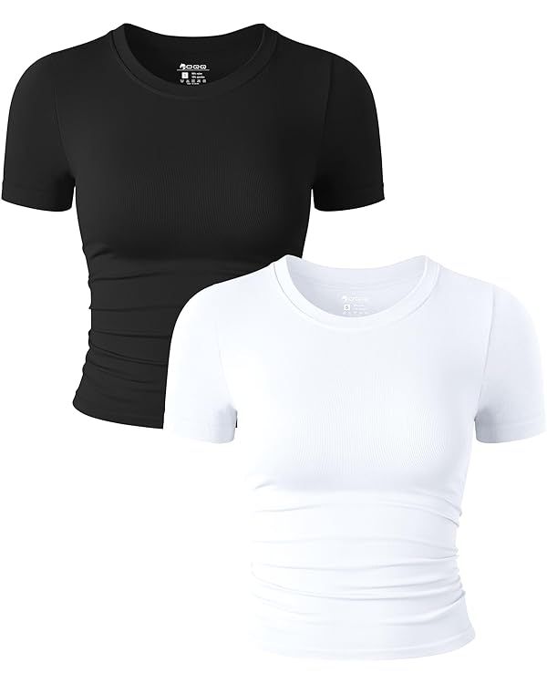 OQQ Womens 2 Piece Shirts Short Sleeve Crew Neck Ruched Stretch Fitted Tee Shirts Crop Tops | Amazon (US)
