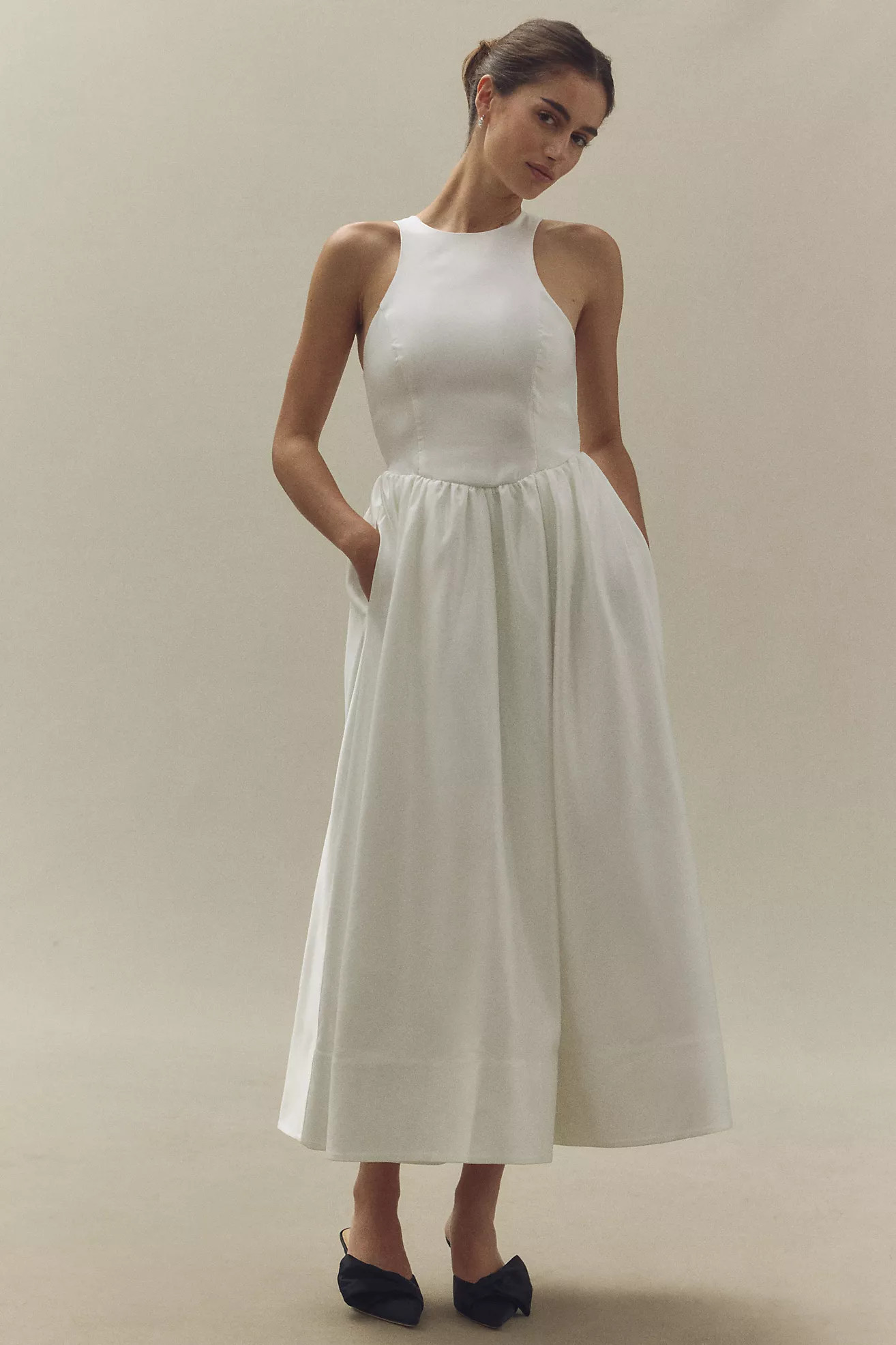 BHLDN High-Neck Satin Duchess A-Line Midi Dress | Anthropologie (US)