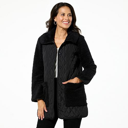 Nina Leonard Collared Sherpa & Quilted Button Front Coat - Black - Size X-Small | HSN