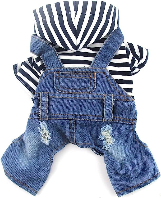 DOGGYZSTYLE Pet Dog Cat Hoodies Clothes Striped Pajamas Denim Outfits Blue Jeans Jumpsuits One-Pi... | Amazon (US)