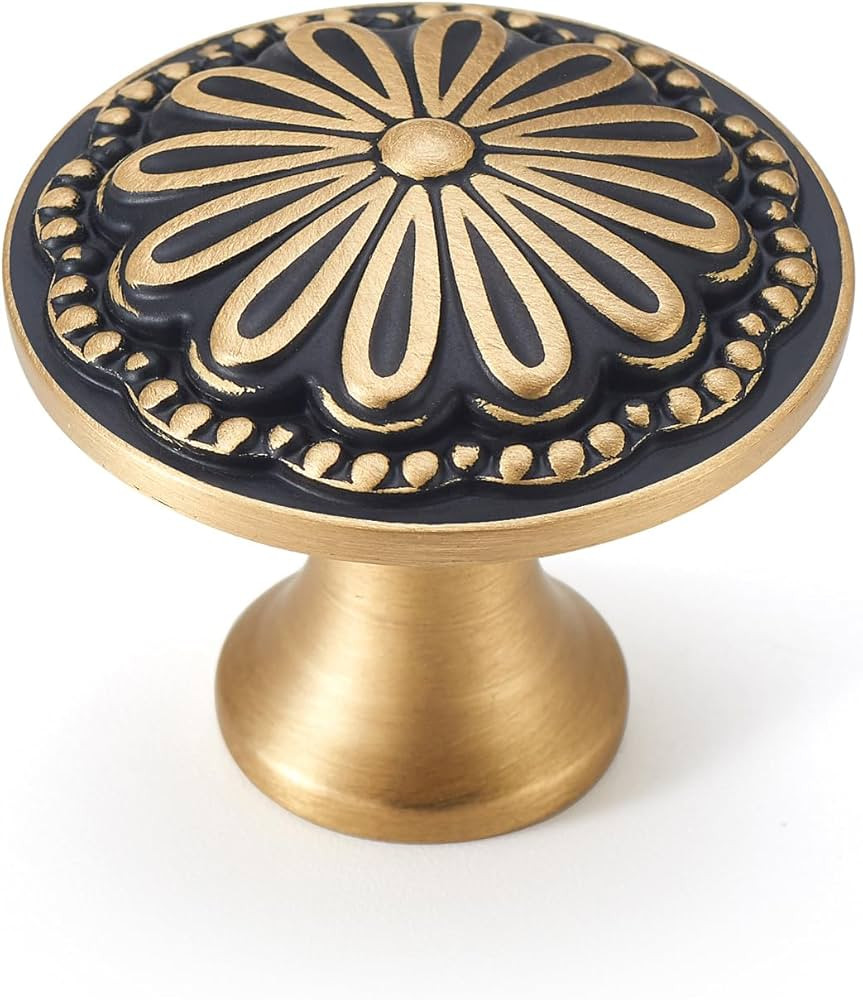 Black and Brushed-Gold Cabinet-Knobs - 5 Pack Flower Brass Drawer Pulls for Dresser Cabinet Hardw... | Amazon (US)