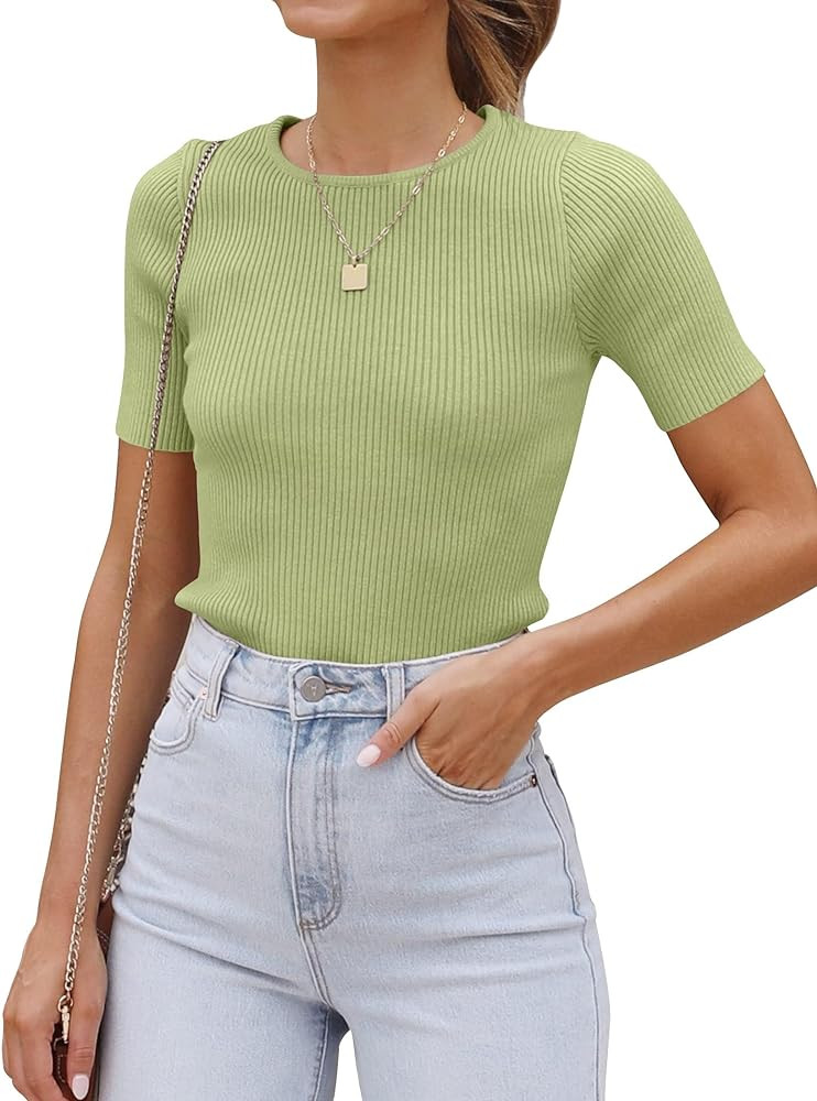 ZESICA Women's Short Sleeve Crewneck T Shirt 2024 Summer Ribbed Knit Slim Fit Basic Solid Color Tee Tops | Amazon (US)