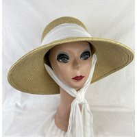 Tan 4 Inch Downturn Brim Straw Hat With Changeable Scarf Trim/Sun Chin Tie Large Beach Retro Inspired | Etsy (US)