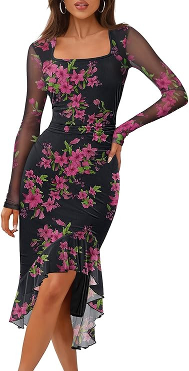 MEROKEETY Women's Long Sleeve Floral Midi Dress Bodycon Square Neck Ruffle Hem Mesh Wedding Guest... | Amazon (US)