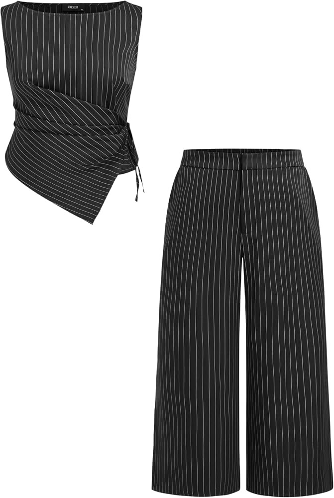 CIDER Boat Neck Striped Wrap Knotted Top & Mid Rise Wide Leg Trousers Set Curve & Plus | Amazon (US)
