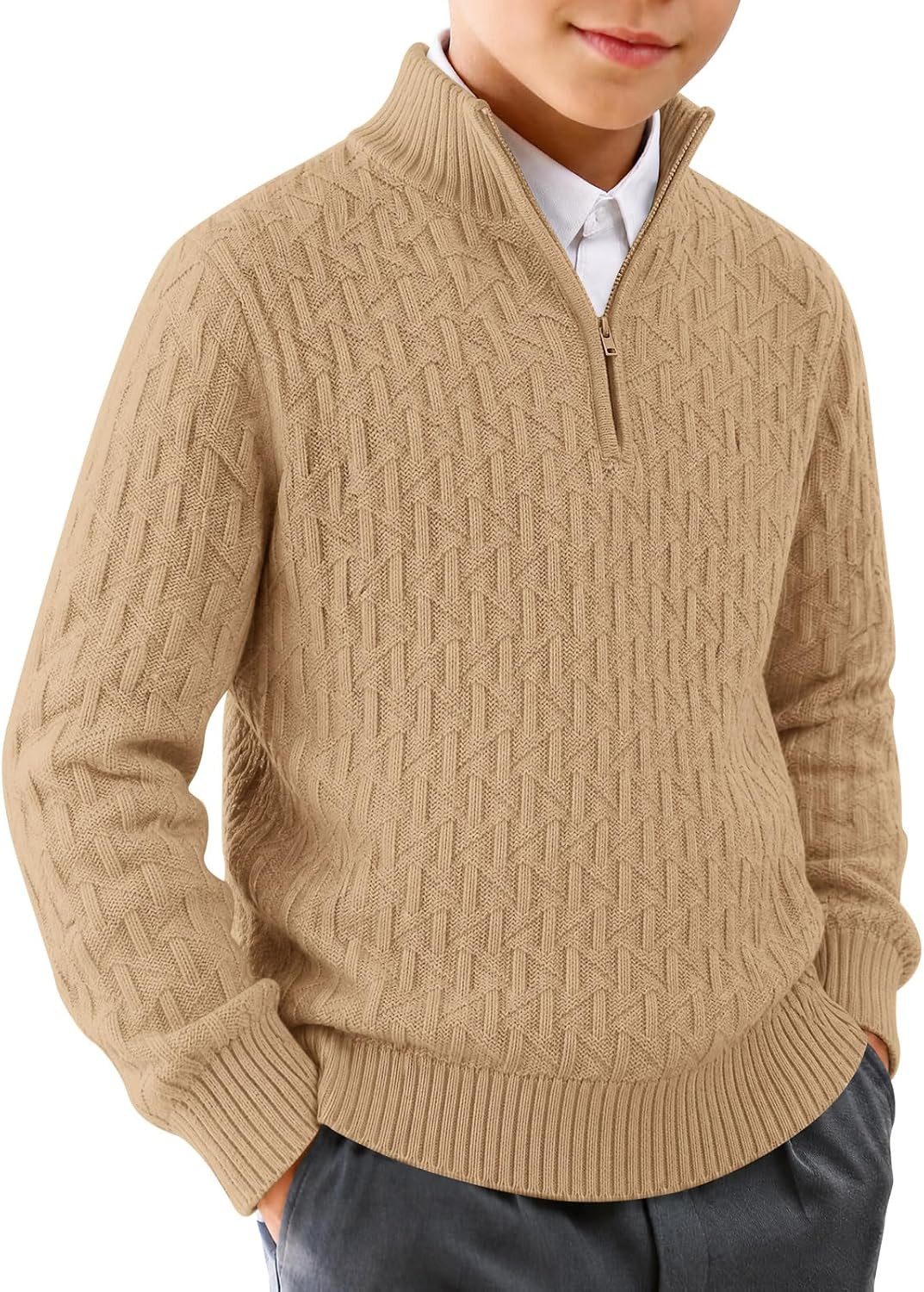 Haloumoning Boys Quarter Zip Sweater Textured Knit Mock Neck Pullover Tops | Amazon (US)