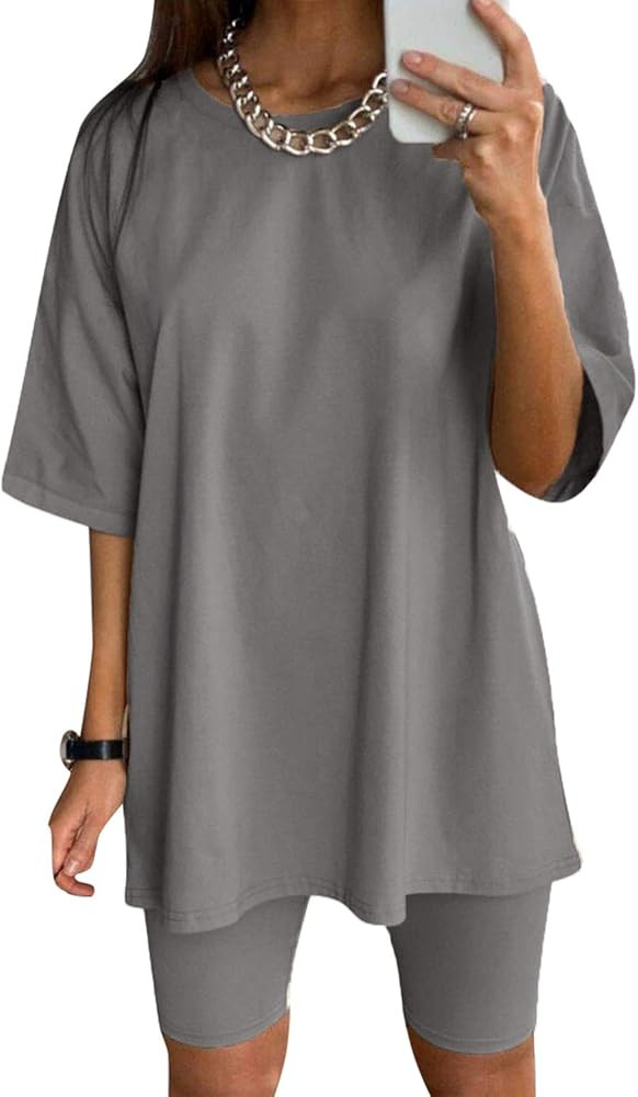 Glamaker Women 2 Piece Outfit sets Casual Oversized T-Shirt Tops Biker Shorts Workout Sports Trac... | Amazon (US)