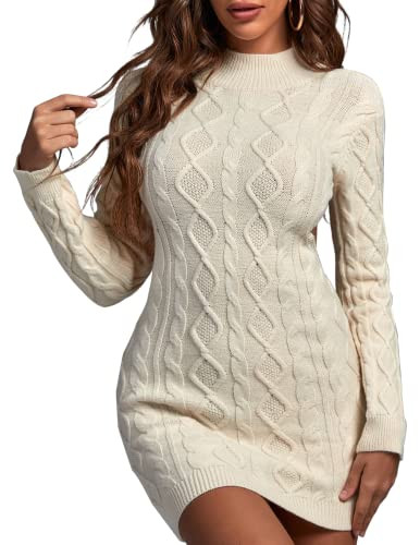 BELLA BARNETT Beige Sweater Dress Classy Backless Dress Trendy Knit Dress Mock Neck Dress Sexy Mini Dress Club Dress Party Dress Longsleeve Dress | Amazon (US)