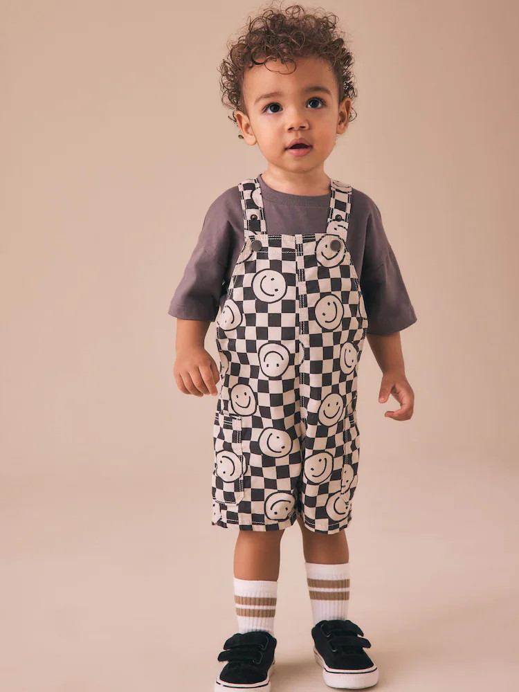 Black/Neutral Happy Face Checkerboard Dungarees (3mths-7yrs) | Next US