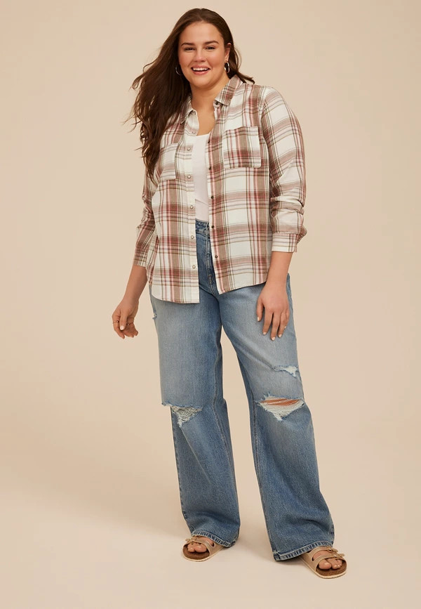 Plus Size Washed Plaid Button Down Shirt | Maurices