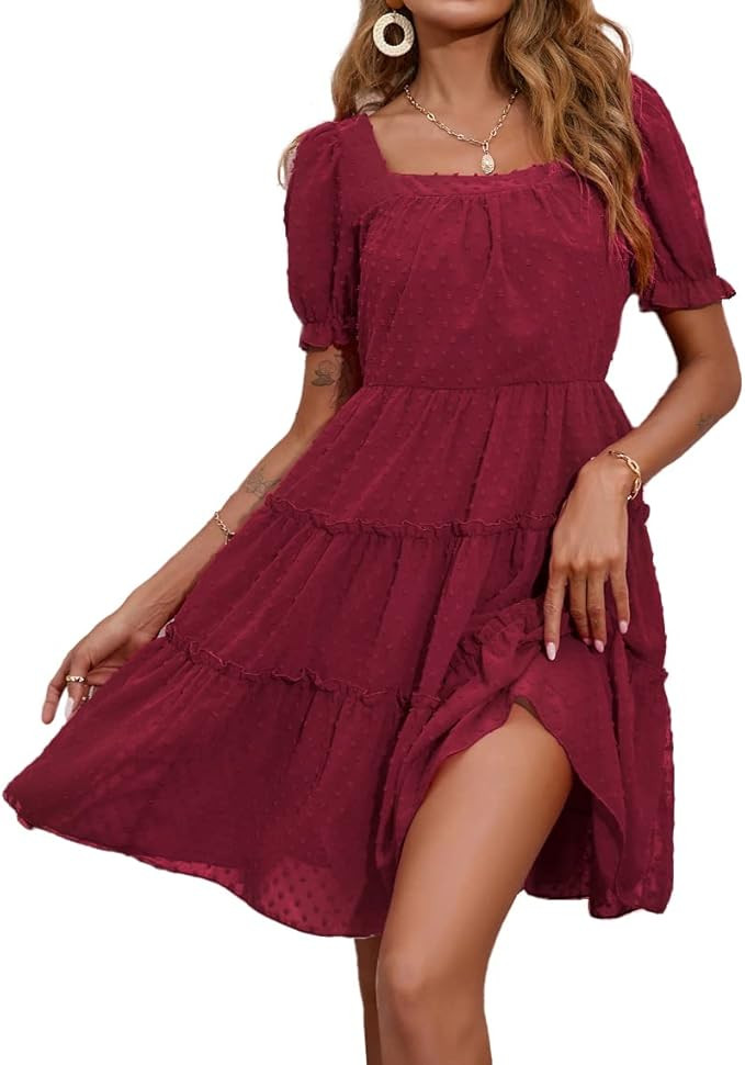 Fesier Women Swiss Dot Square Neck Flowy Mini Dress Short Sleeve High Waist Tunic Ruffle Tiered... | Amazon (US)