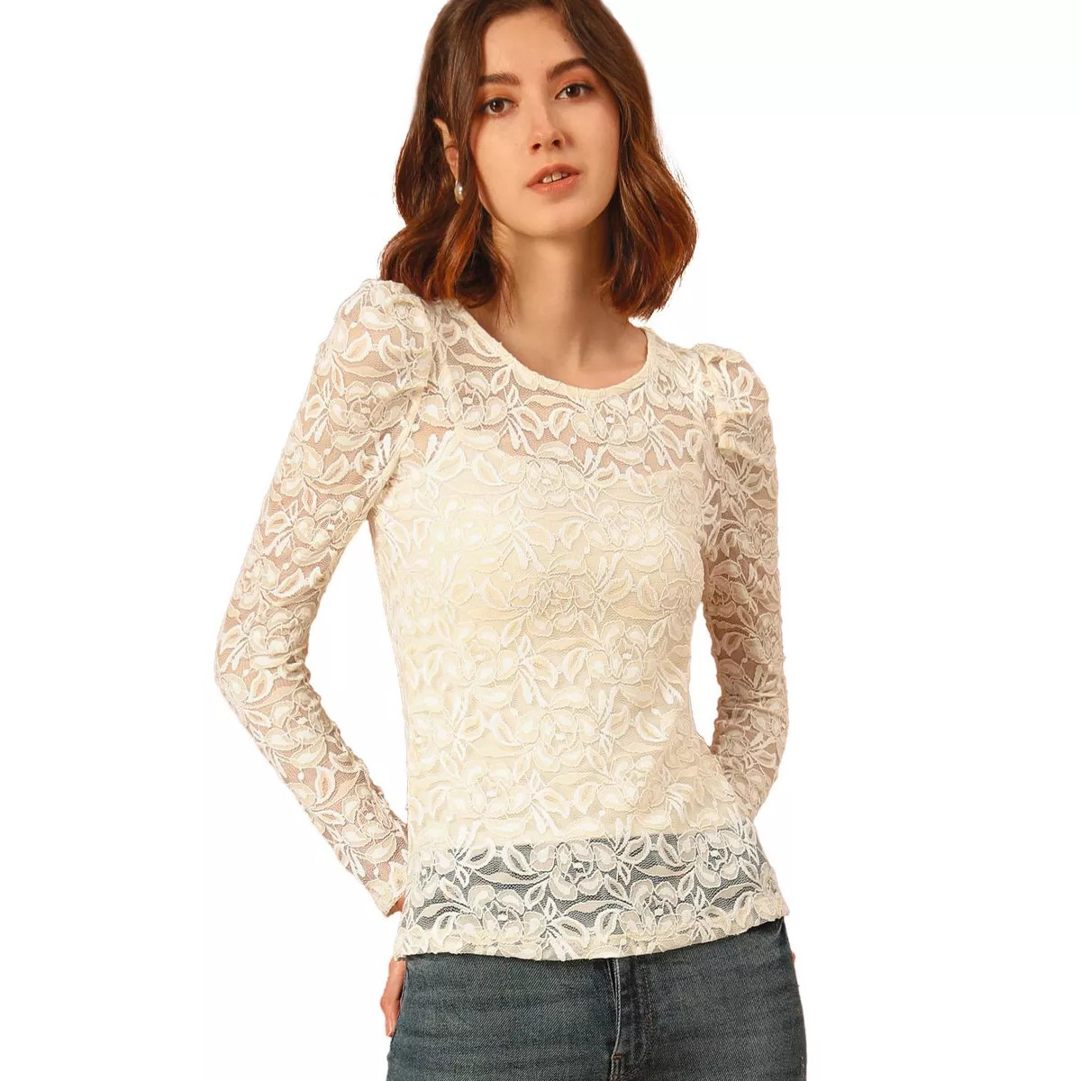 INSPIRE CHIC Women's Vintage Semi-Sheer Puff Long Sleeve Embroidery Lace Floral Blouse Medium Bei... | Target