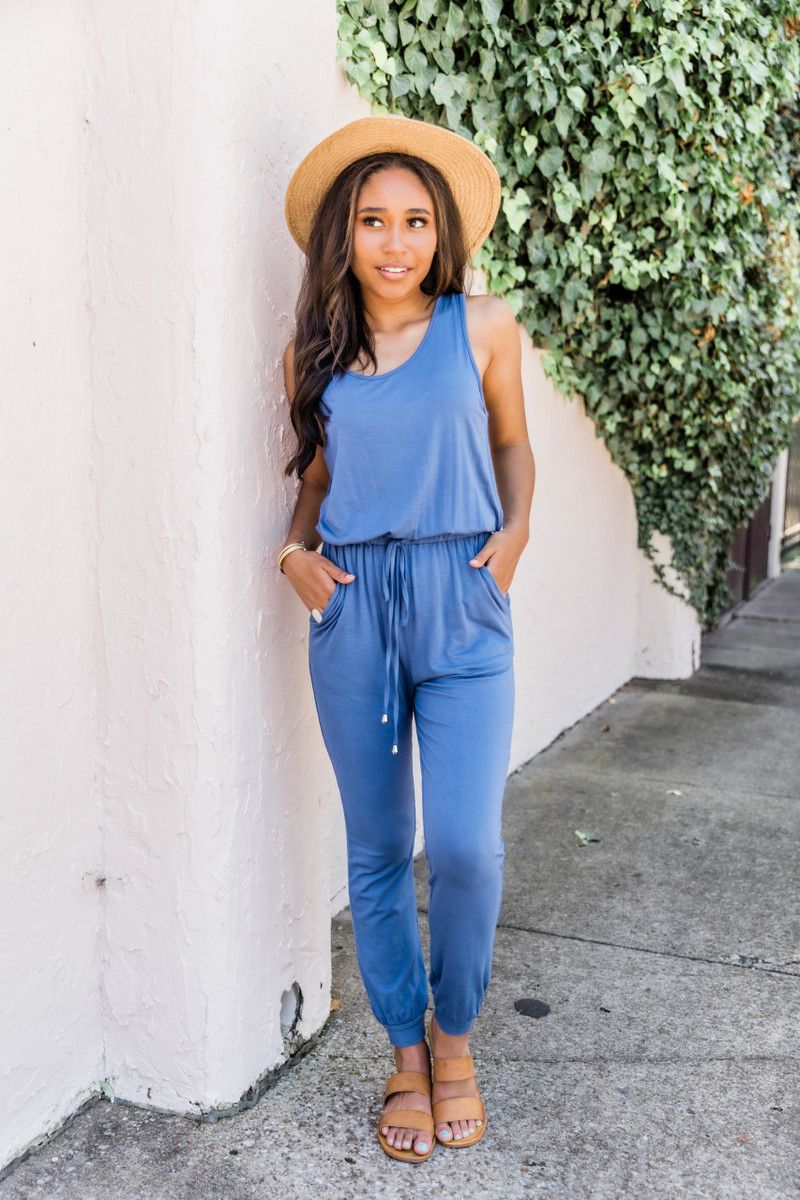 Let's Be Happy Dark Blue Jumpsuit | The Pink Lily Boutique